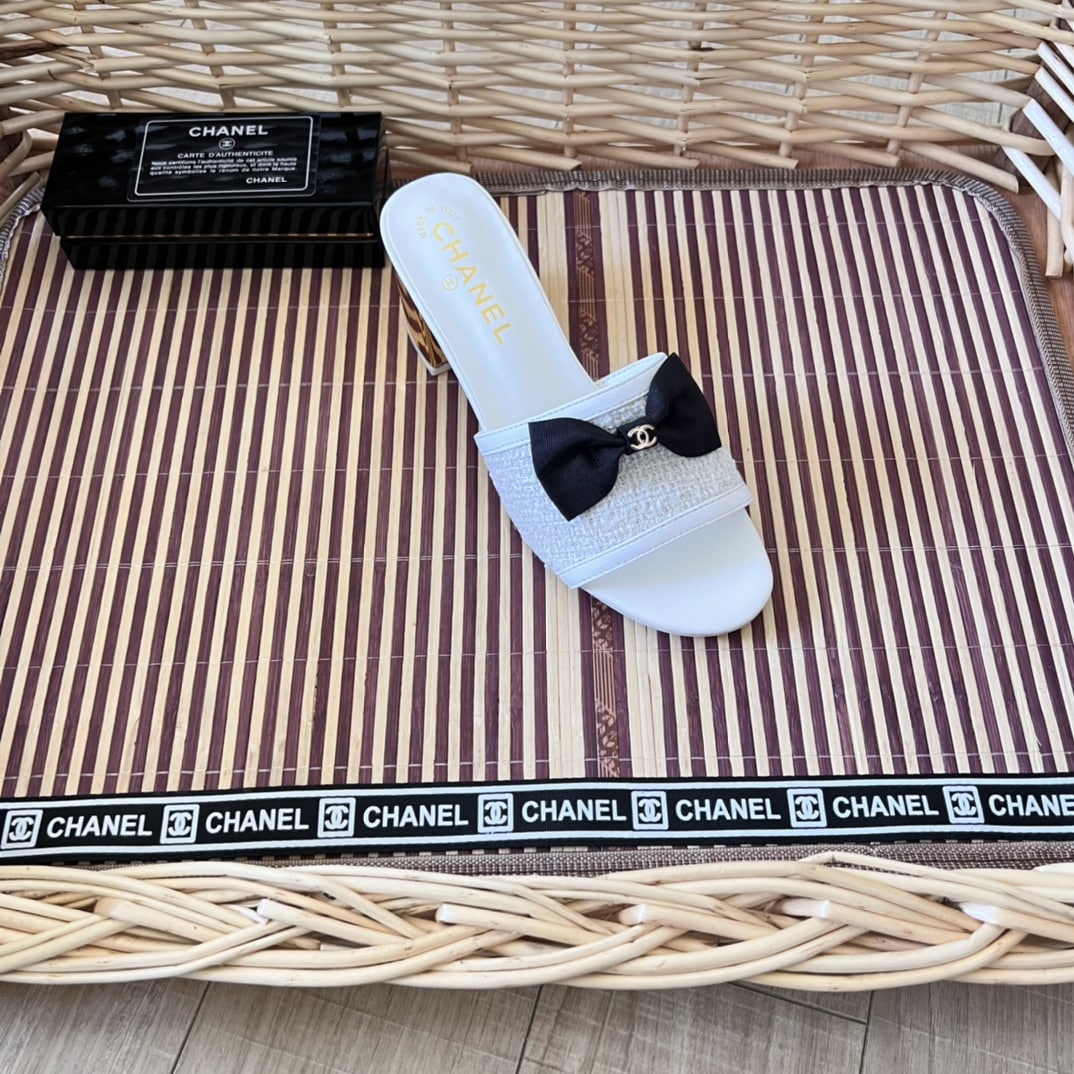 Chanel Grosgrain Ribbon Bow Flat Sandal Tweed White