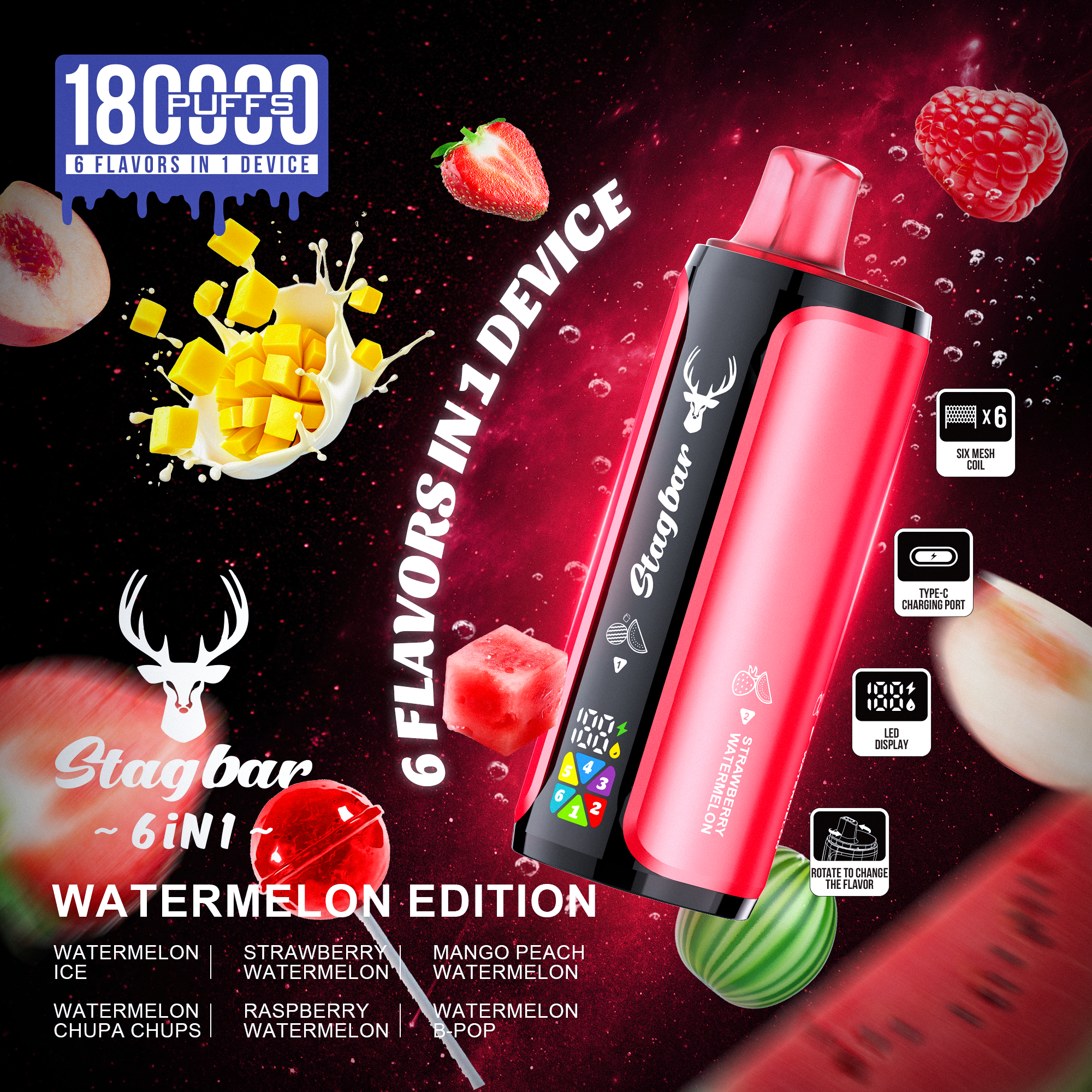 Stag Bar 6w1 180 000 Zaciągnięć | Jednorazowy e-papieros, 6 smaków w jednym, ekran LED, szybkie ładowanie Type-C
