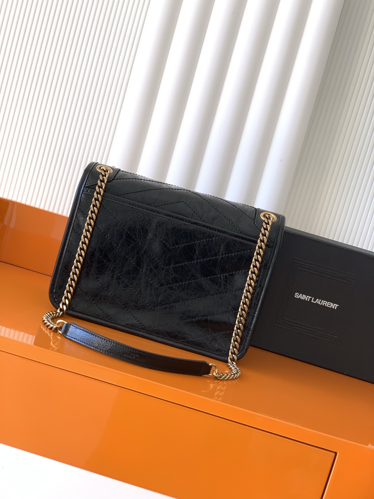SAINT LAURENT Niki Medium Crinkled Glossed-leather Shoulder Bag