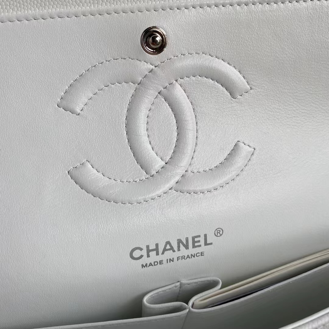 Chanel Classic Double Flap Bag White Silver Hardware 25Cm/10in