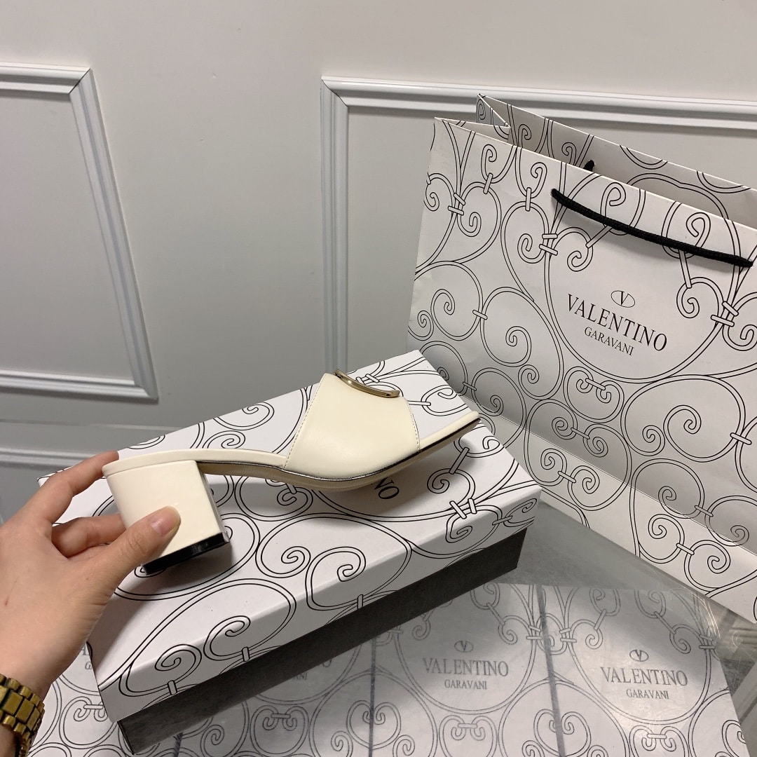 Valentino VLogo Signature Square-Toe Mid-Heel Slide Sandals – White