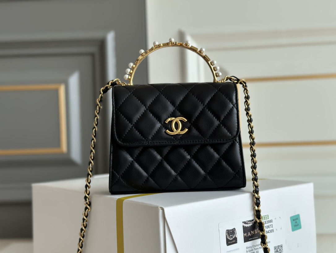 23B Mini Flap Bag with Pearl Handle in Black Quilted Lambskin with Gold-Tone Hardware (Model AS3980)