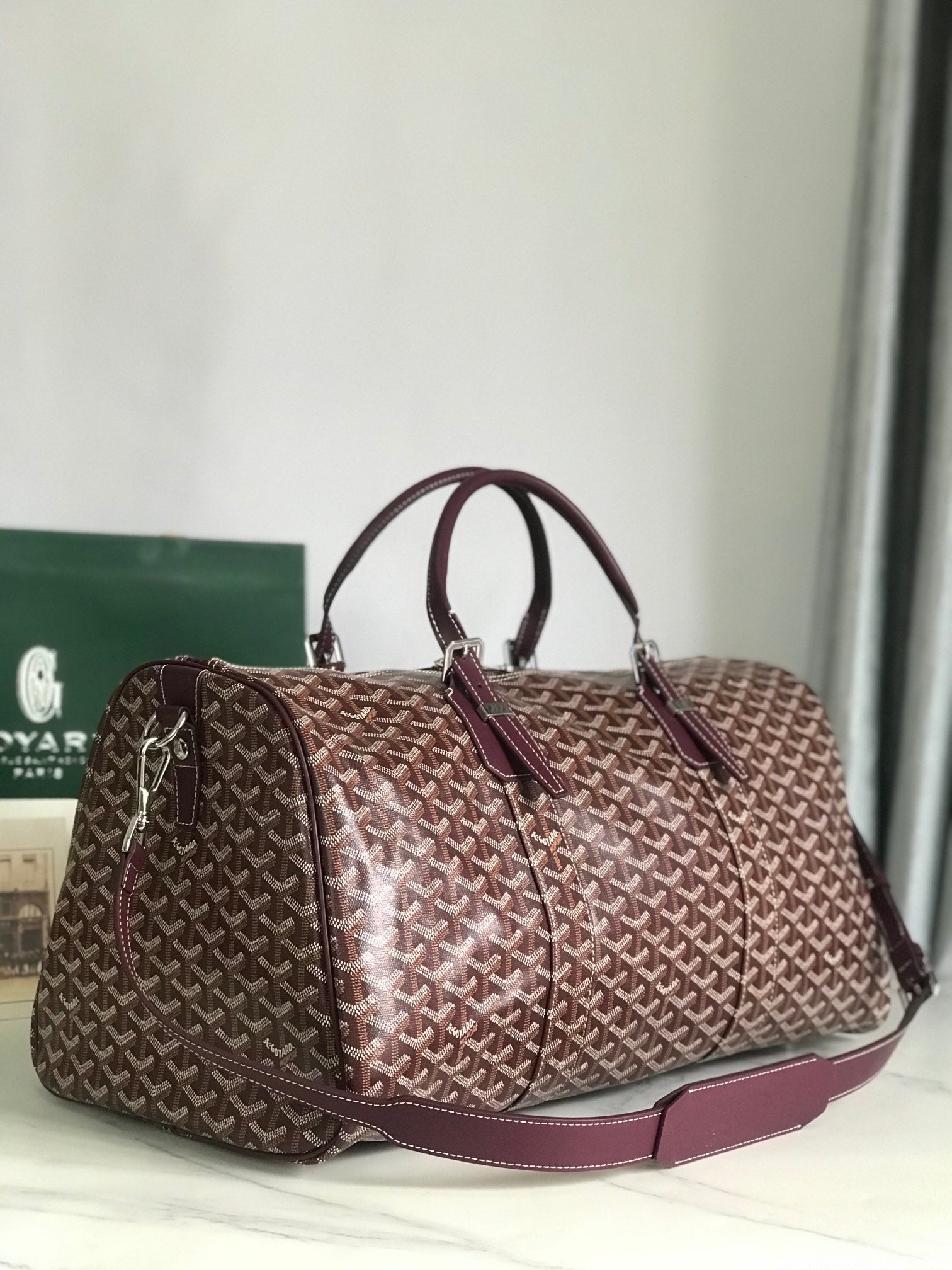 Goyard Boston 50 Bag Cm Wine Red Goyardine Canvas And Calfskin Trim