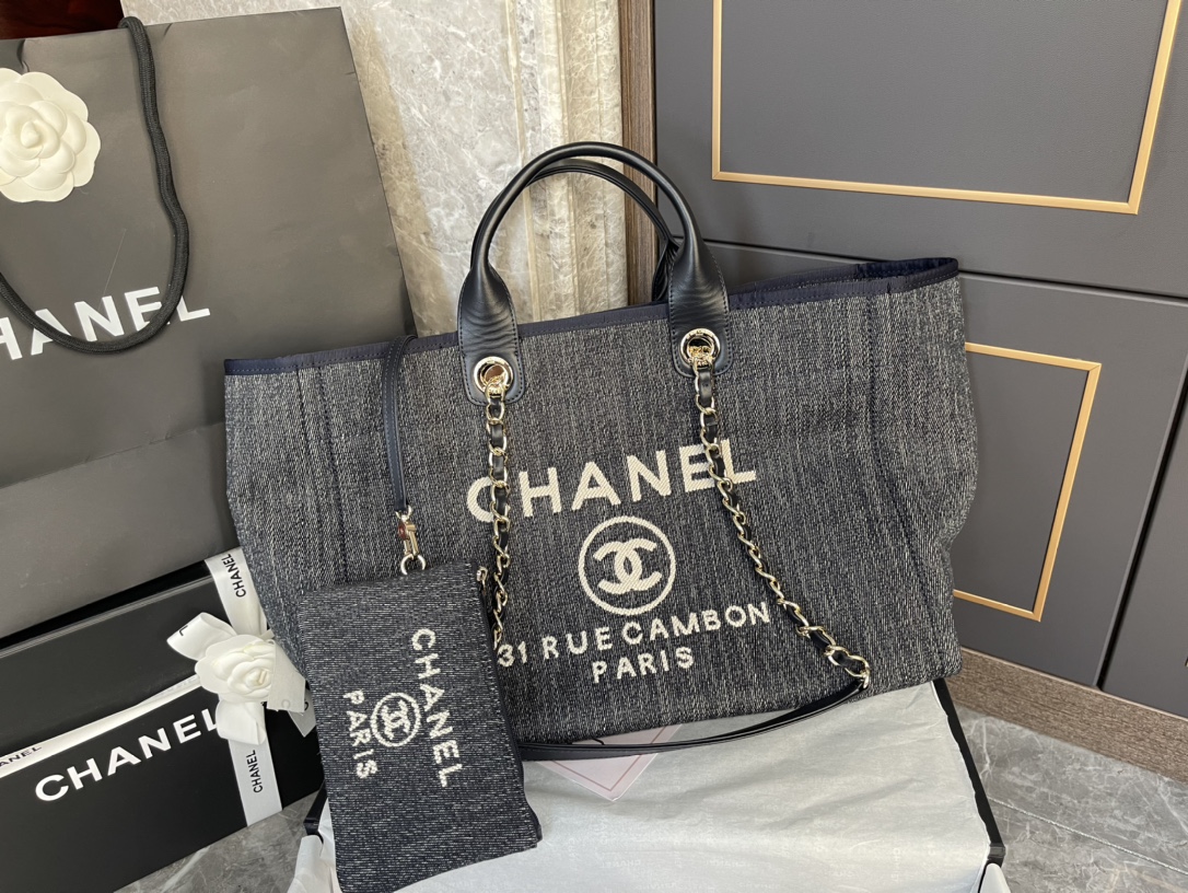 Deauville Large Quilted Denim Canvas Tote Bag with Gold-Tone Hardware