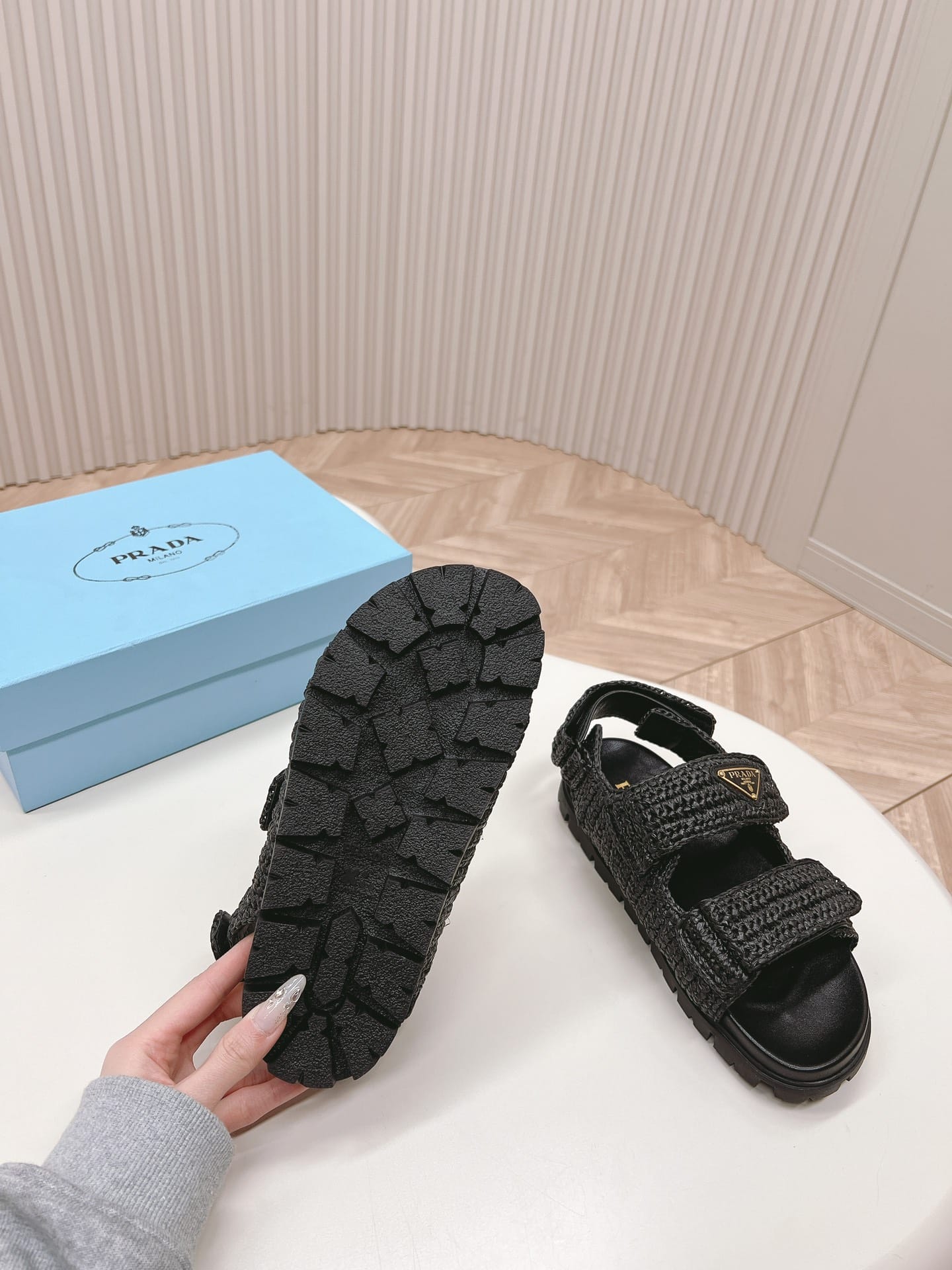 Prada Monolith Crochet Raffia Effect Sandals In Black