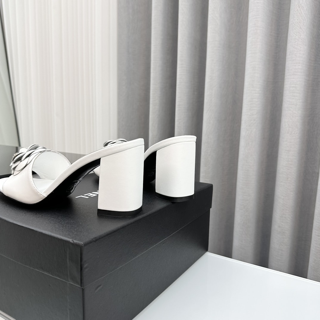 Chanel Camellia Medium Heel Slippers White