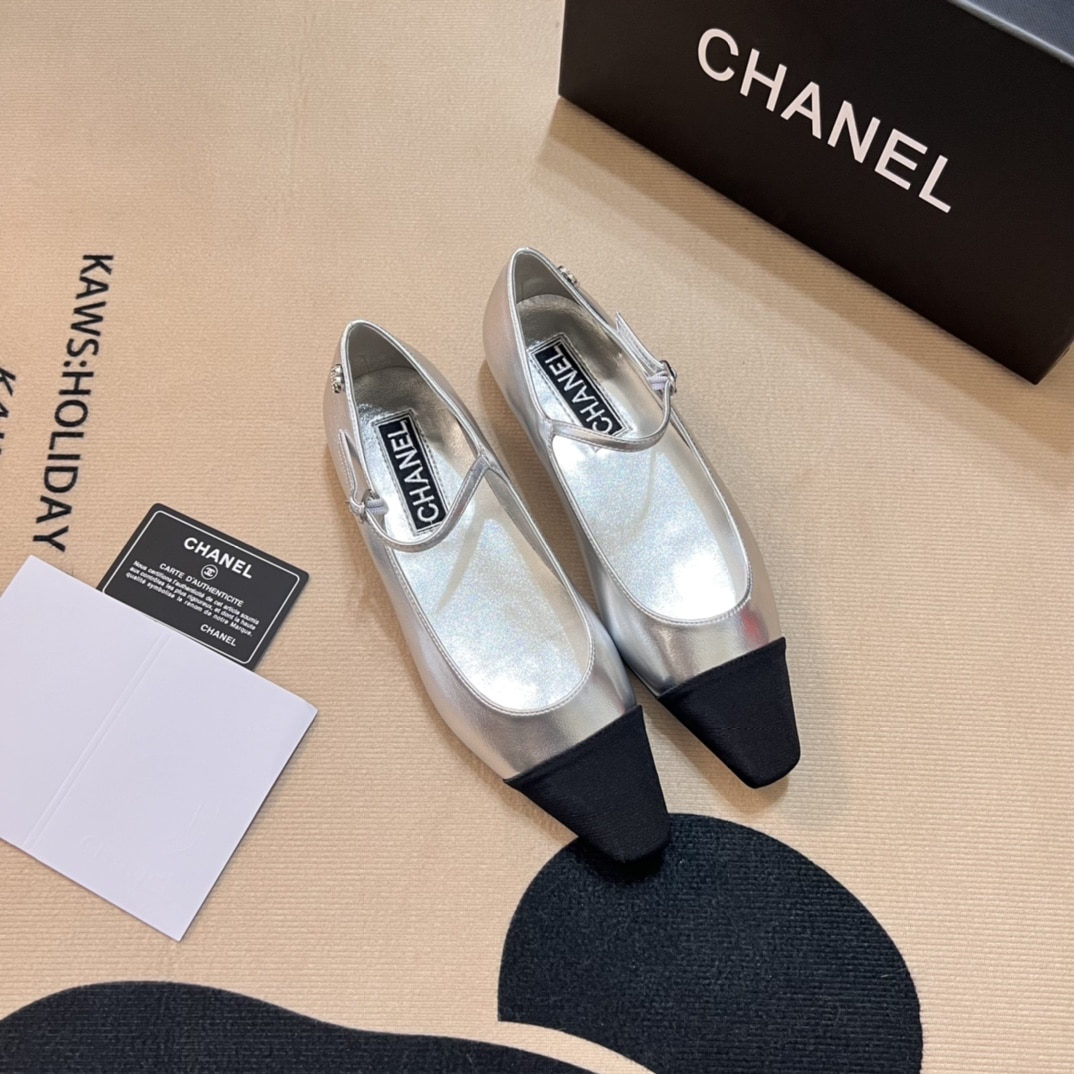 Chanel Square Toe Ballet Flats Black Silver
