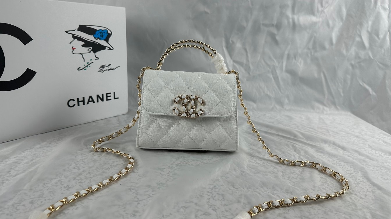 Chanel Top Handle Clutch With Chain In Caviar White 15Cm/5in