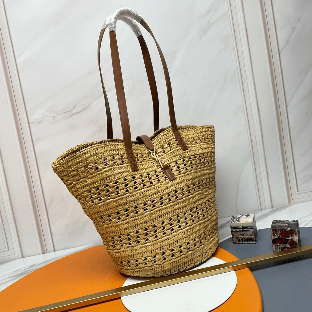 Saint Laurent Panier Medium Bag in Crochet Raffia and Smooth Leather 42cm