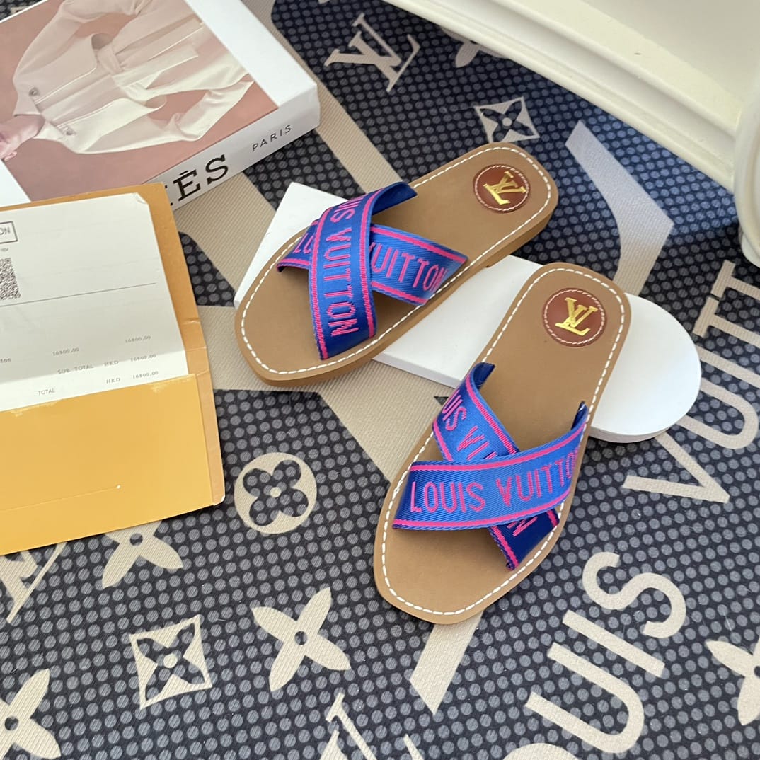 Louis Vuitton Cross Strap Flat Slides Blue