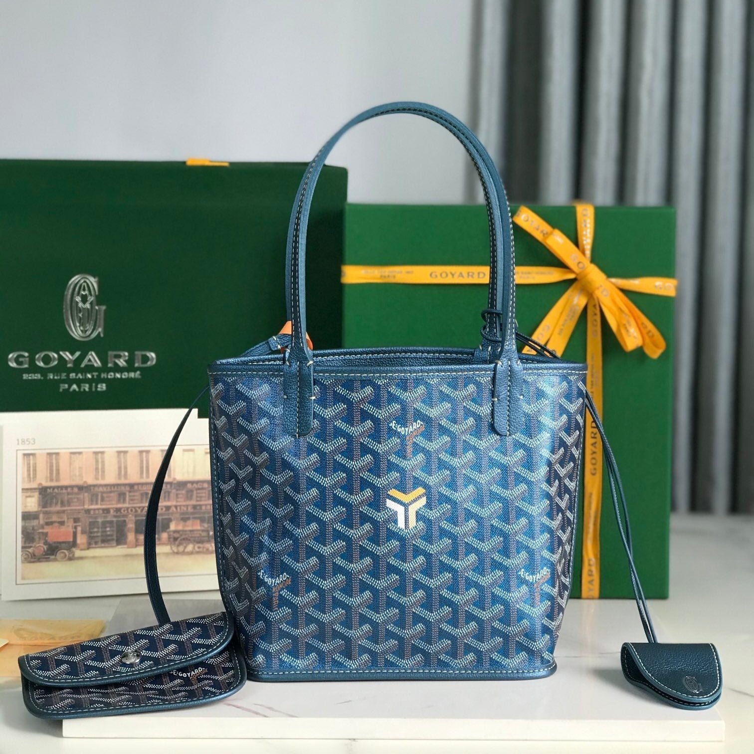 Goyard Anjou Mini Bag 20Cm Deep Blue Canvas Chevroches Calfskin