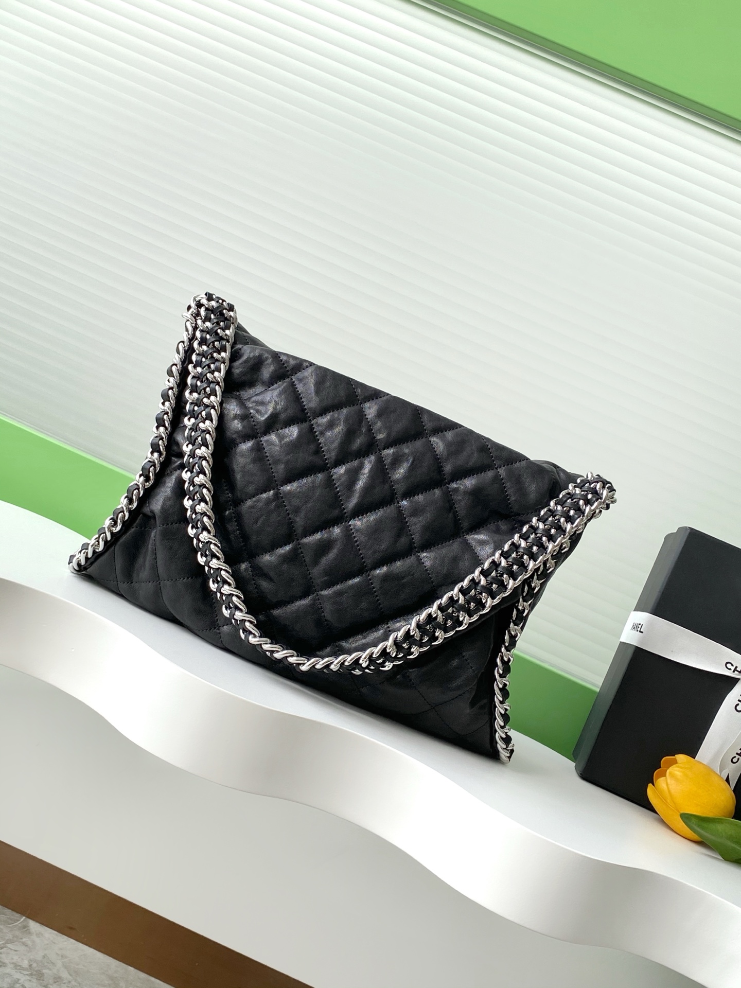 Ultimate Soft Chain Around Hobo Tote Bag in Black Quilted Aged Calfskin with Silver-Tone Hardware