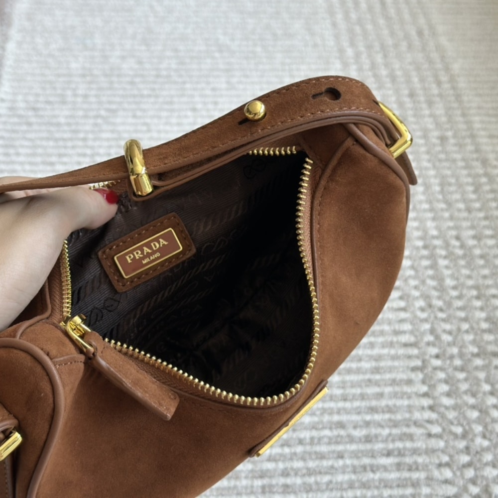Prada Arqué Suede Shoulder Bag Cocoa Brown 22Cm