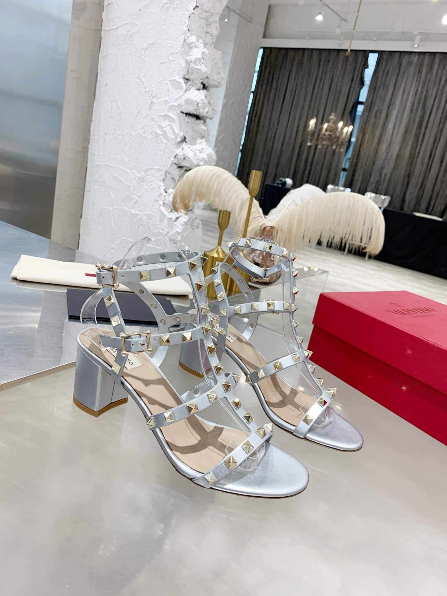 Valentino Garavani Rockstud Leather Sandals Silver