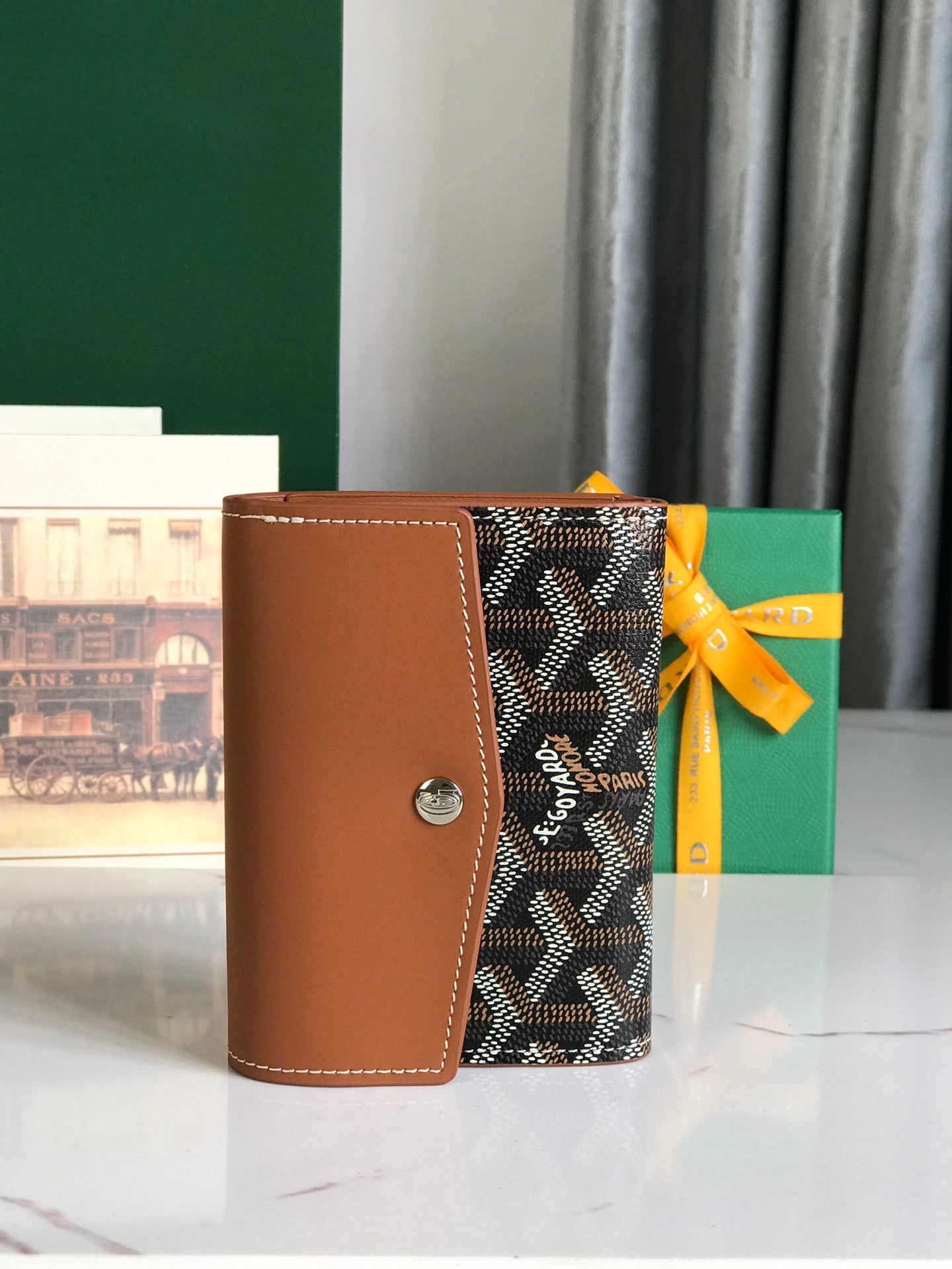 Goyard Saint-Gabriel Wallet 12 Cm Tan Calfskin And Black Goyardine Canvas