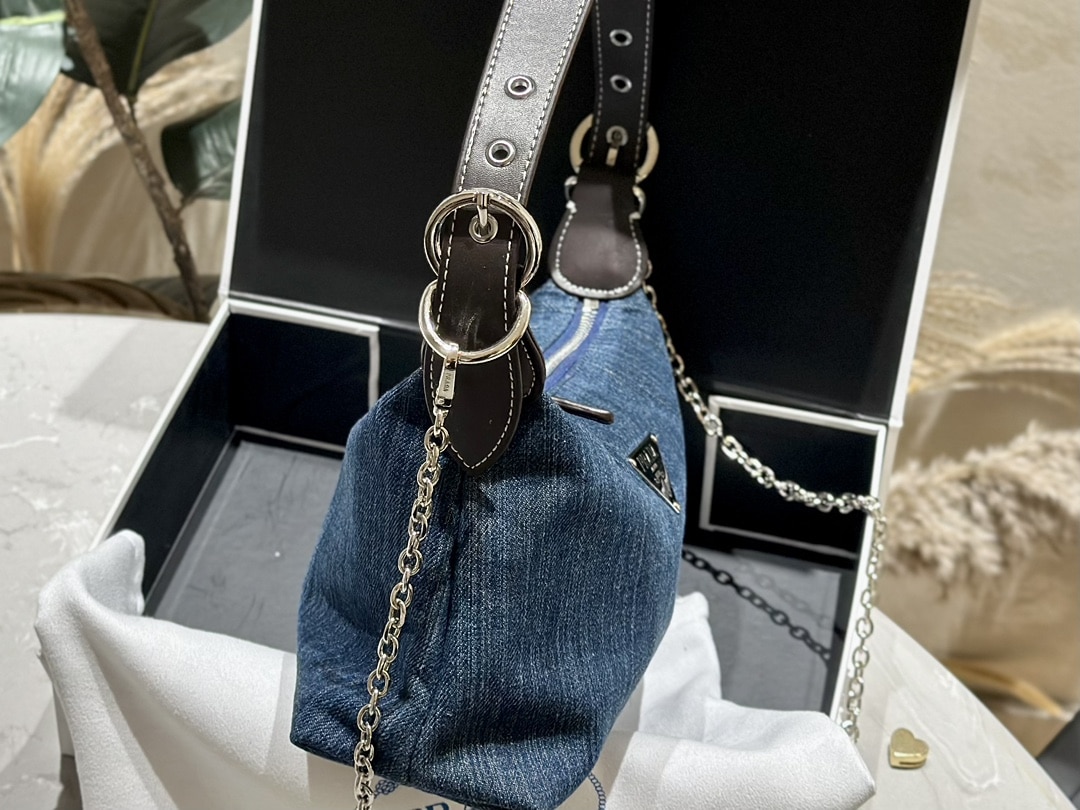 Prada Jeans Ring Shoulder Bag Denim Blue 25Cm