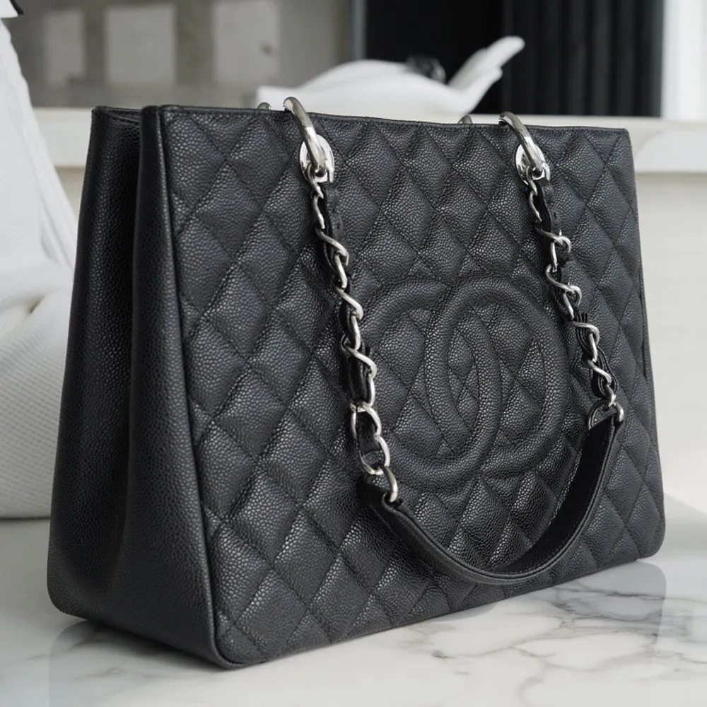 Chanel Classic Tote Bag Silver Hardware Black 34cm