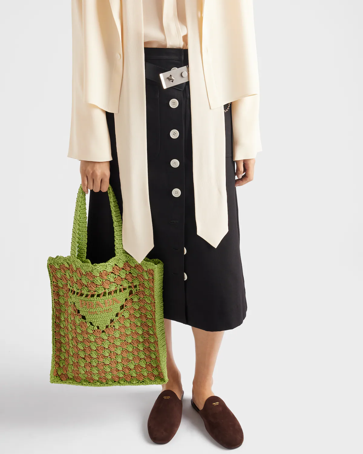 Prada Crochet tote bag-Lawn Green/Caramel