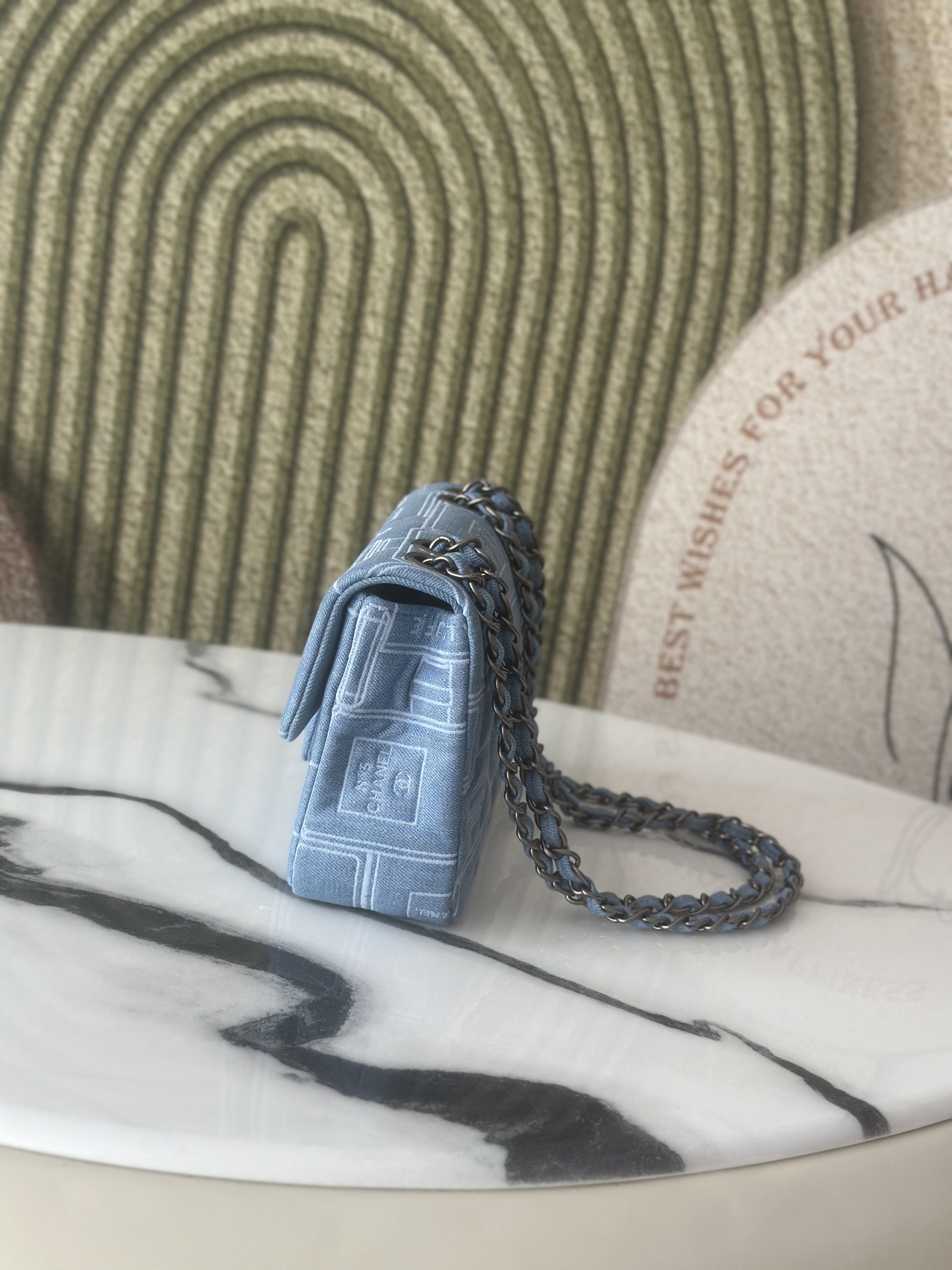 Classic Single Flap Bag in Light Blue Denim with Perfume Bottle Print (Silver Hardware)