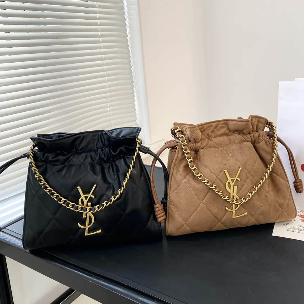 Saint Laurent Bucket Bag Quilted Suede Brown 29Cm