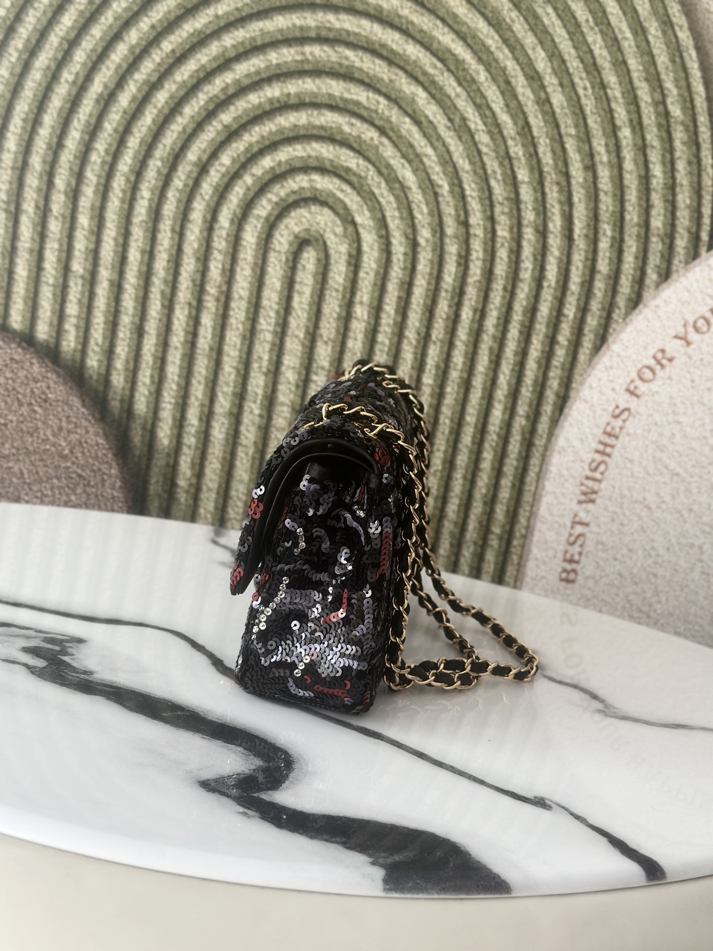 Limited Edition Black Red Grey Sequin Abstract Quilted Mini Classic Flap Bag with Gold-Tone Hardware