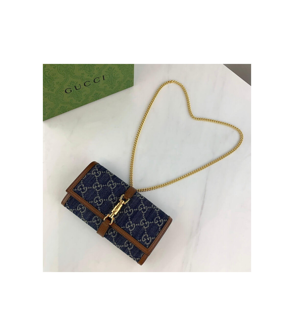 Gucci Jackie 1961 Chain Wallet in Blue Denim 19cm