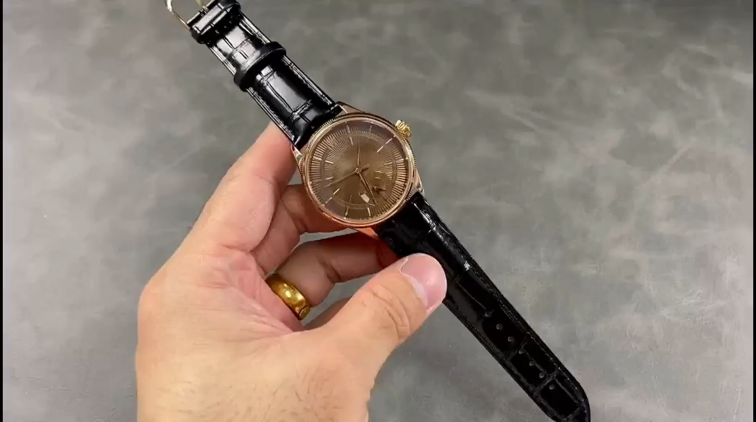 【Super Clone】Rolex Cellini Dual Time 50525 Brown Guilloche Dial Black Leather Strap 39mm Mens Replica Watch