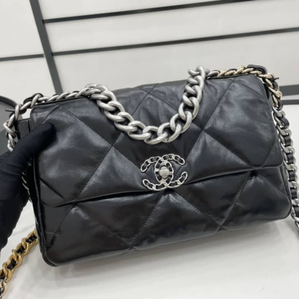 Chanel 19 Series Classic Double C Logo Silver Turn Buckle Black 31cm