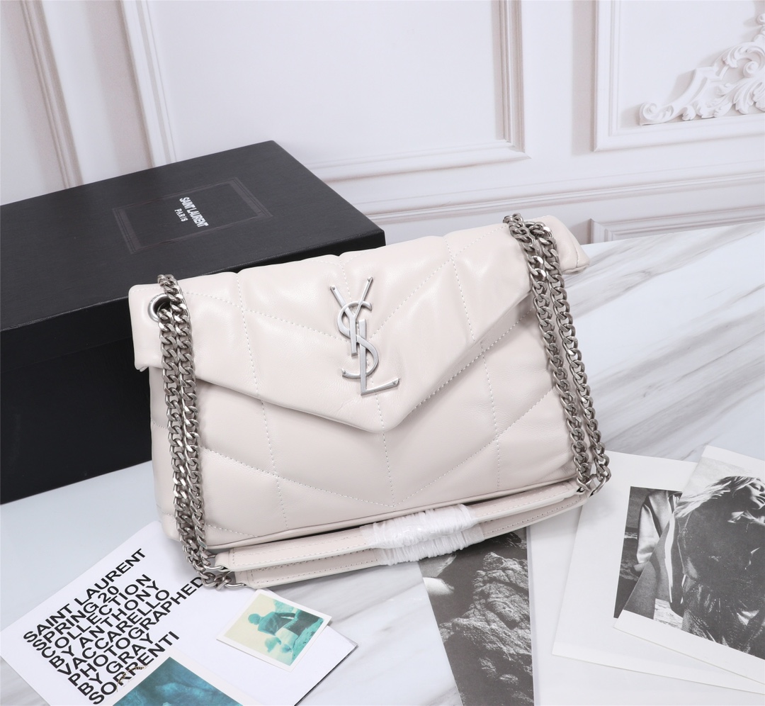 Saint Laurent Loulou Small Chain Bag In Matelasse Y White Silver 29Cm