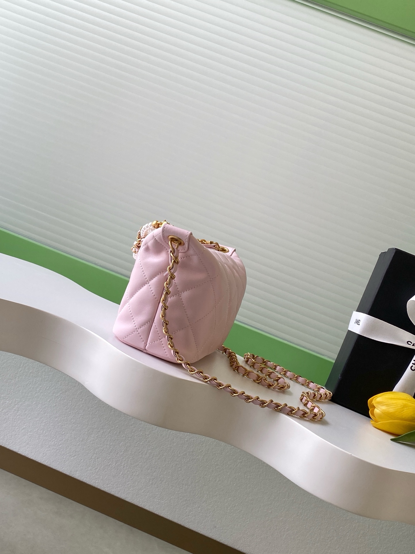 Quilted Lambskin Hobo Bag with Pearl Chain in Light Pink (Gold Hardware)