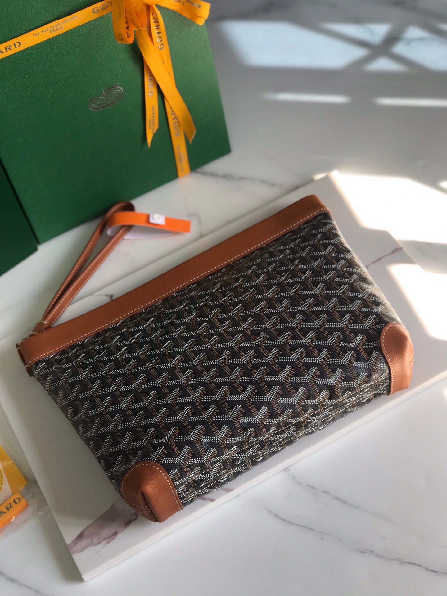 Goyard Conti Pouch 24 Cm Tan Lambskin And Black Goyardine Canvas