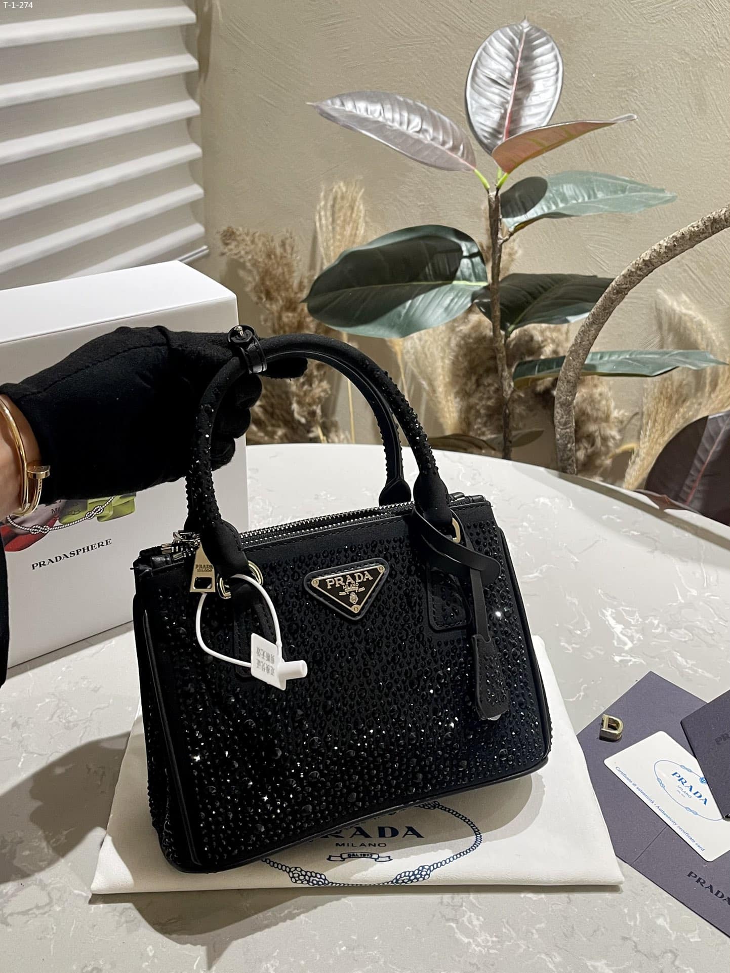 Prada Galleria Satin Mini Bag With Crystals Black 23Cm