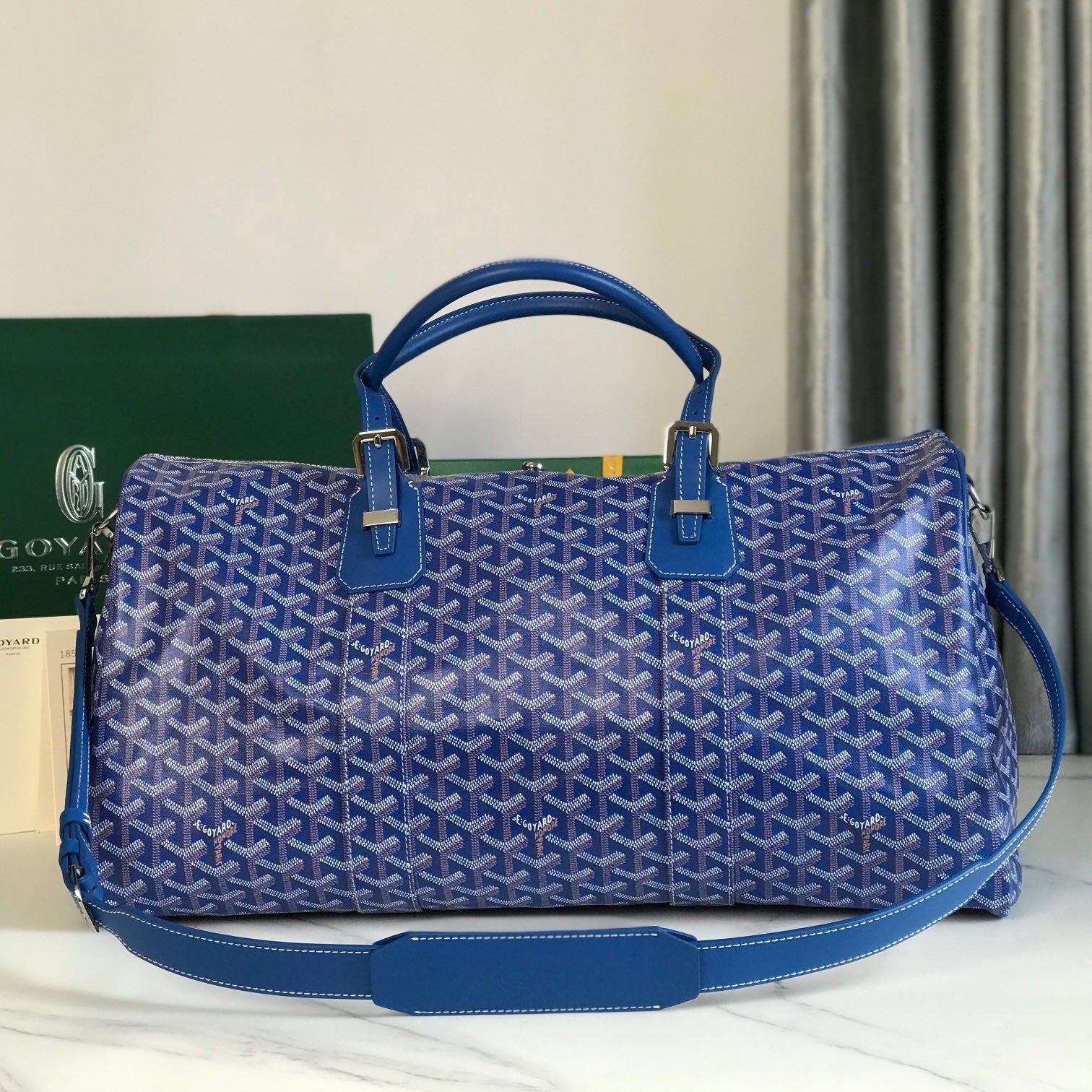 Goyard Boston 50 Bag Cm Sapphire Blue Goyardine Canvas And Calfskin Trim