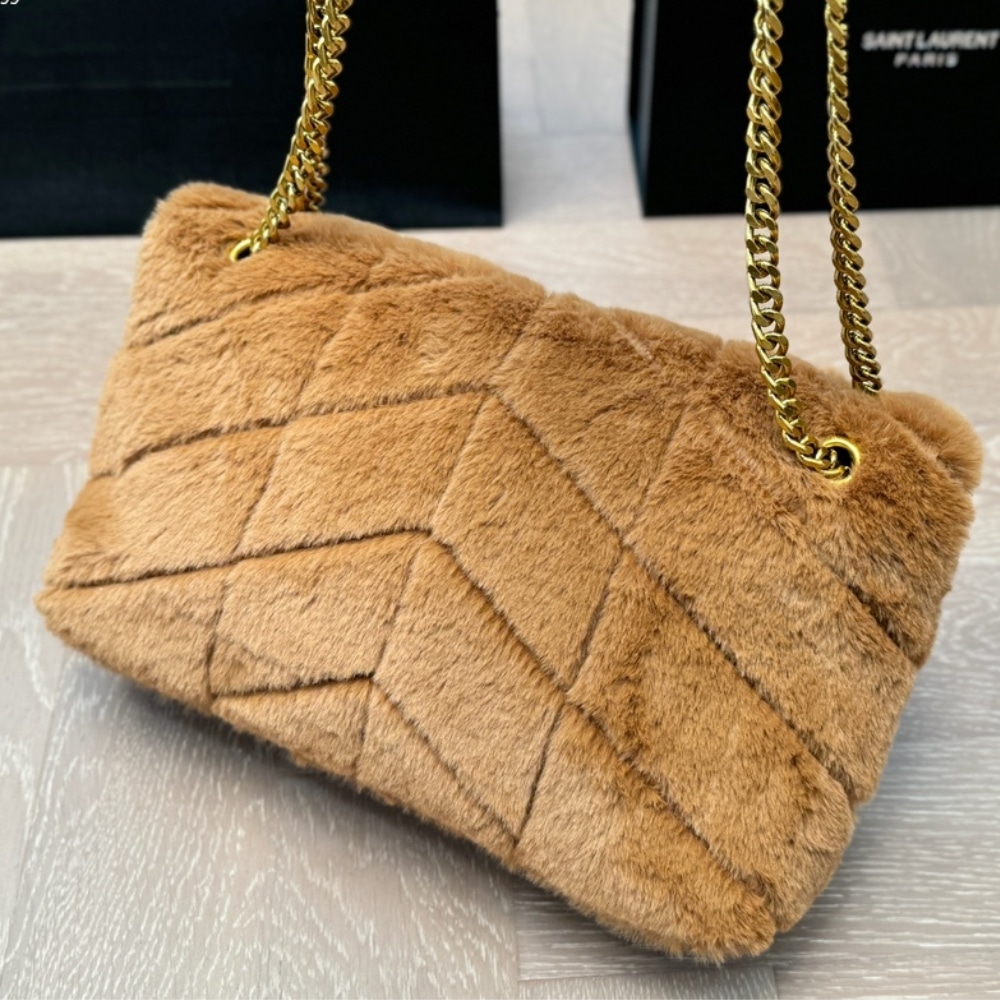 Saint Laurent Puffer Bag In Shearling Brown 28Cm