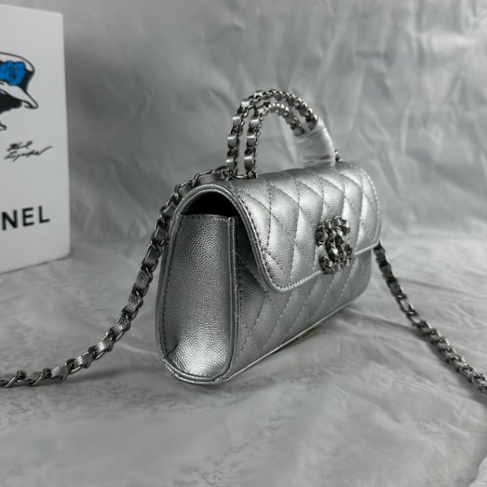 Chanel 23P Clutch With Chain Bag Grained Leather Silver 18cm