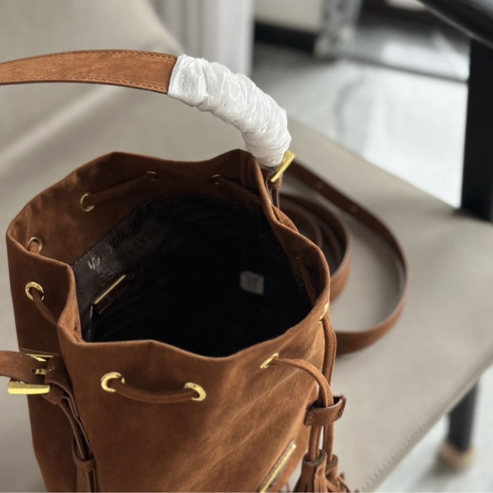 Prada Small Suede Bucket Bag In Brown 20Cm