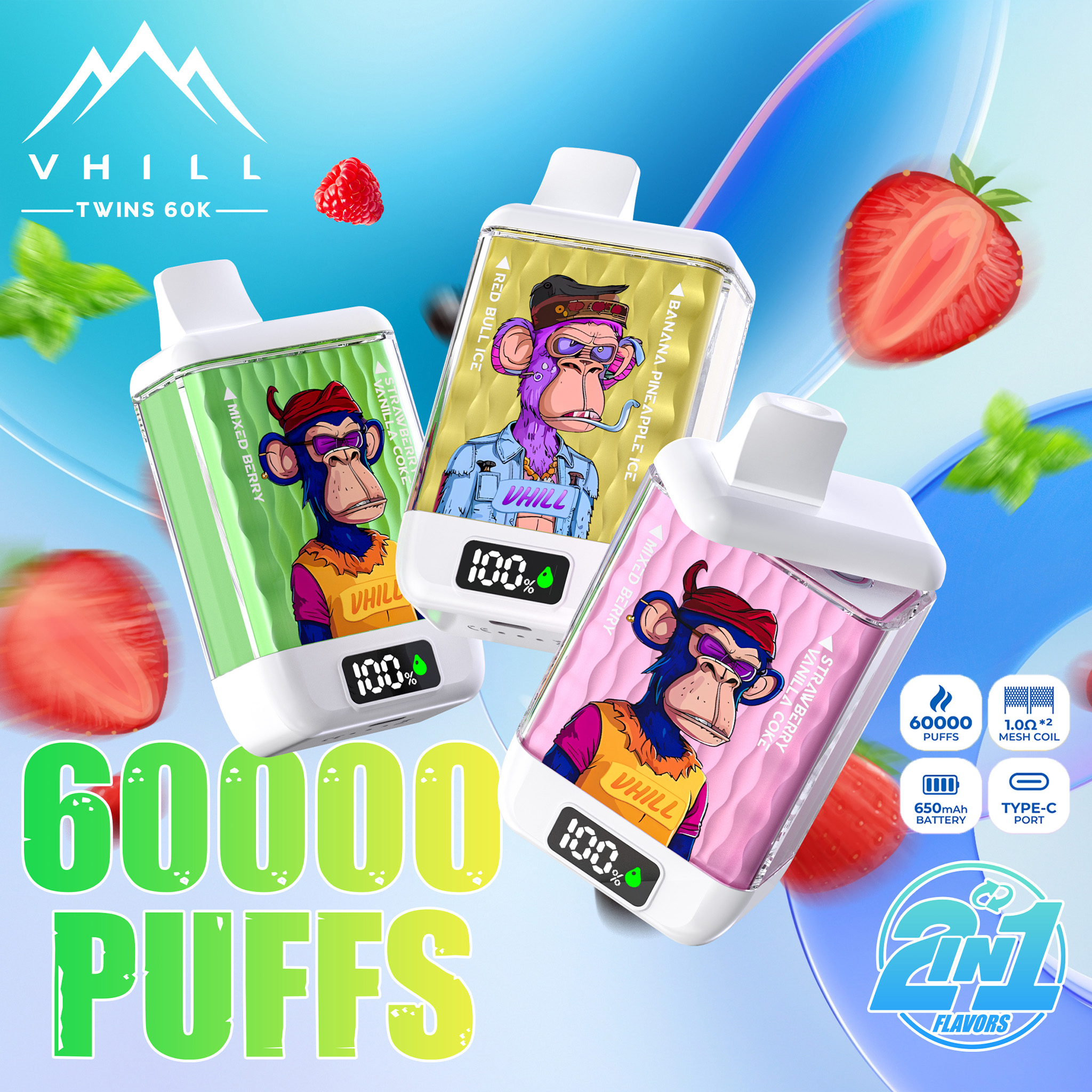 VHILL TWINS 60000 60K Puffs Dual Flavors LED Display Disposable Vape EU Warehouse