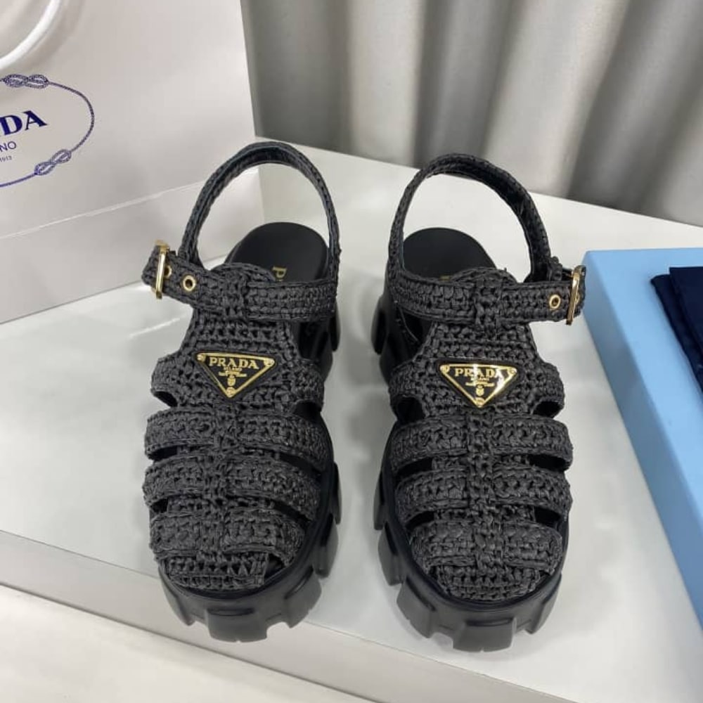 Prada Monolith Crochet Cage Sandals Black 1X138N 3L8W F0002 F 055