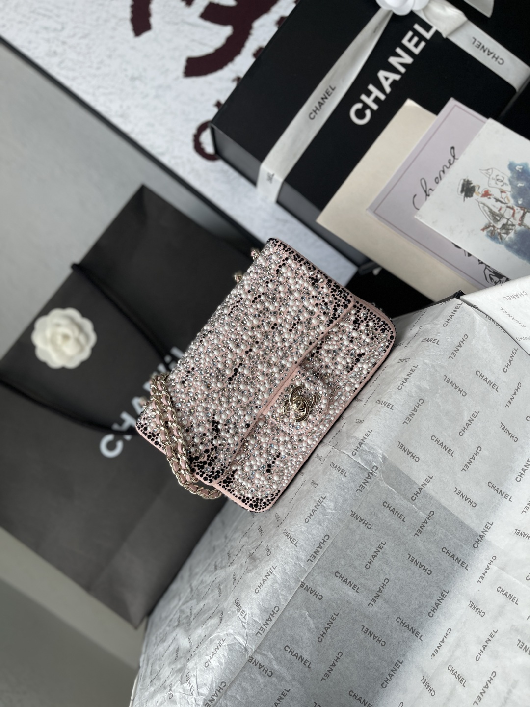 Classic Flap Handbag in Pink with Imitation Pearls, Strass & Gold-Tone Hardware