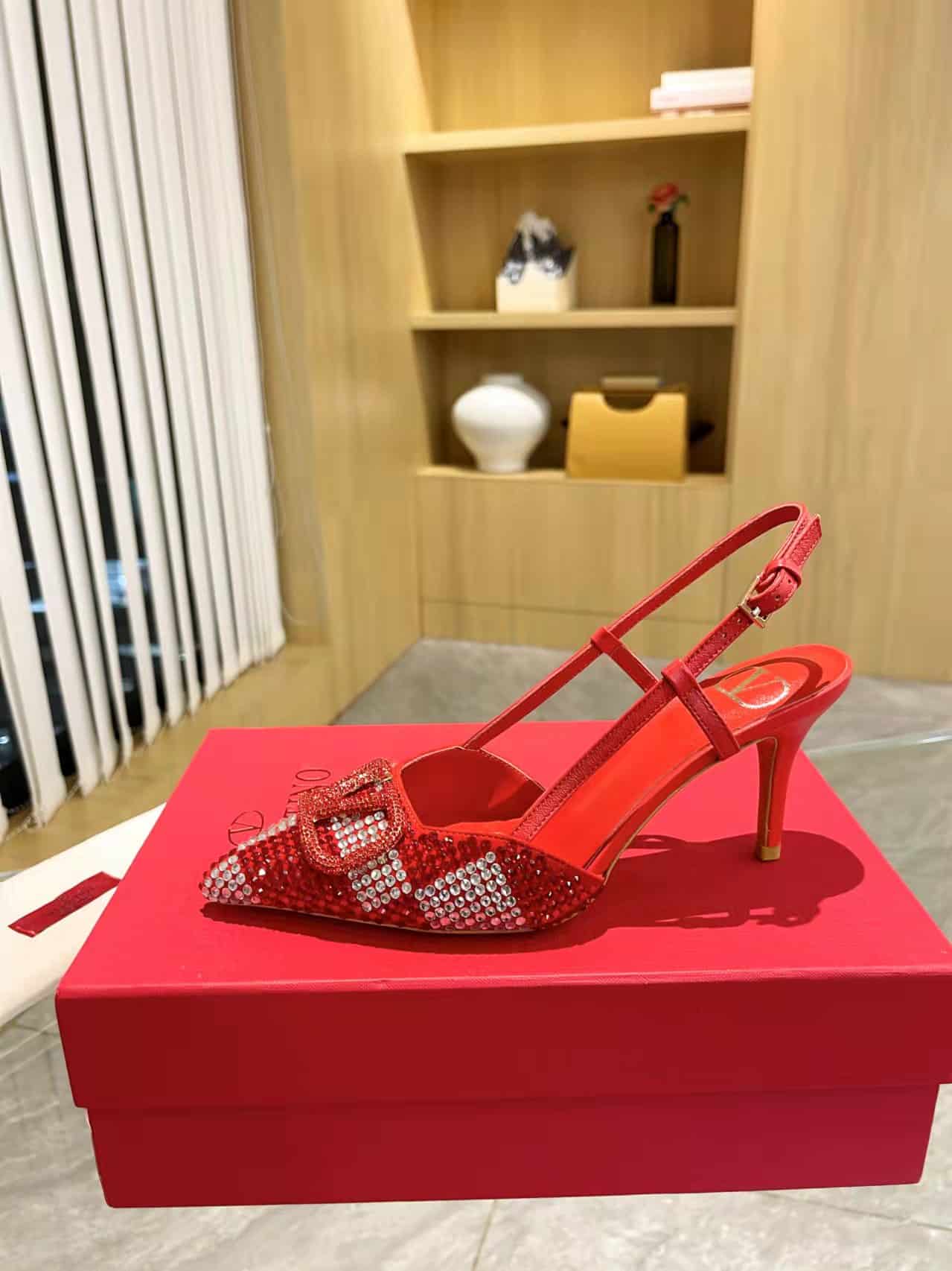 Valentino VLogo Signature Back Strap Crystal High Heels Red