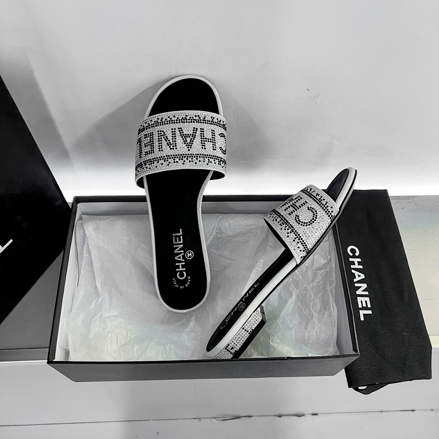 Chanel 24P Beaded Diamond Slippers Silver