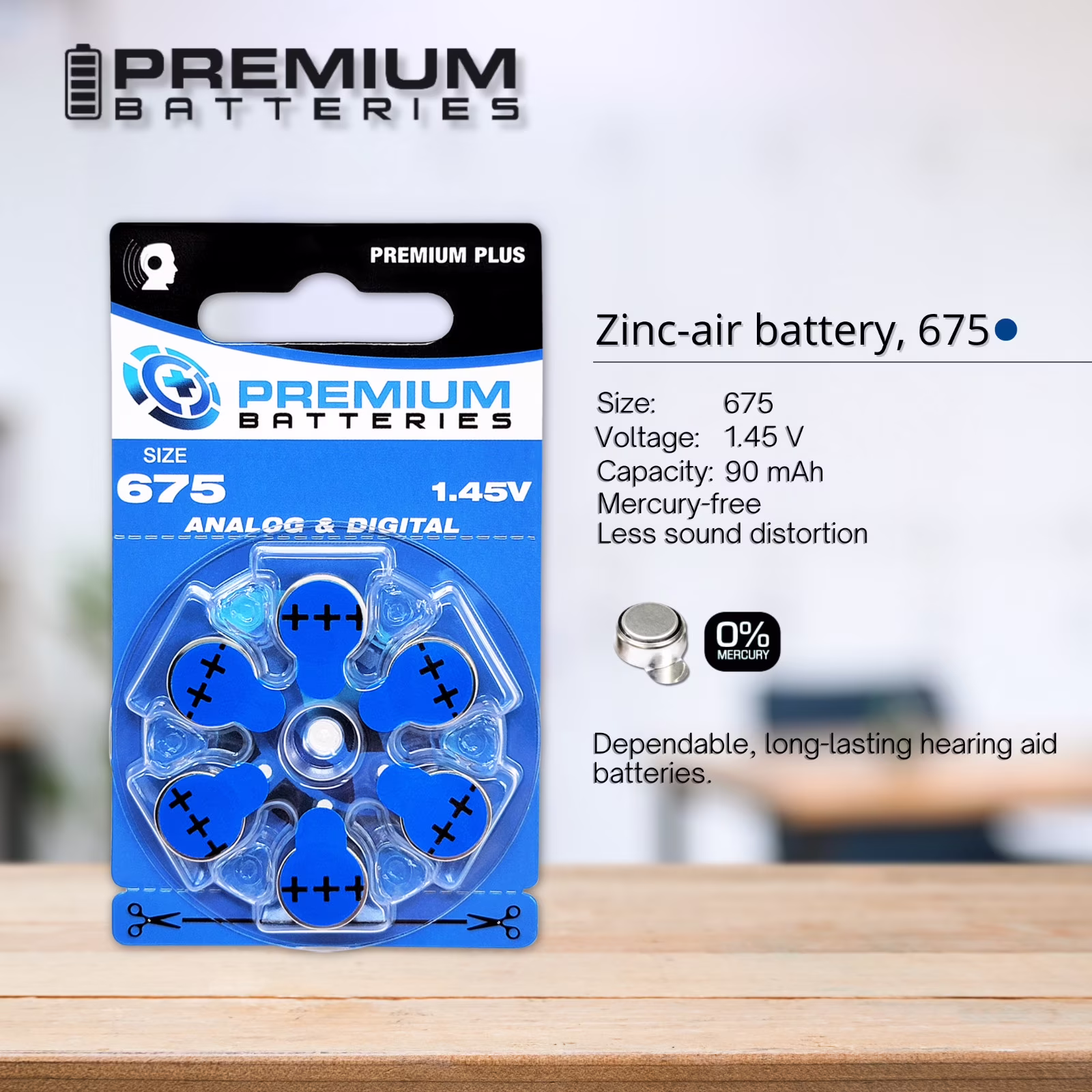 Premium Batteries Premium Plus Size 675 PR44 1.45V Zinc Air Hearing Aid Batteries (12 Pack)
