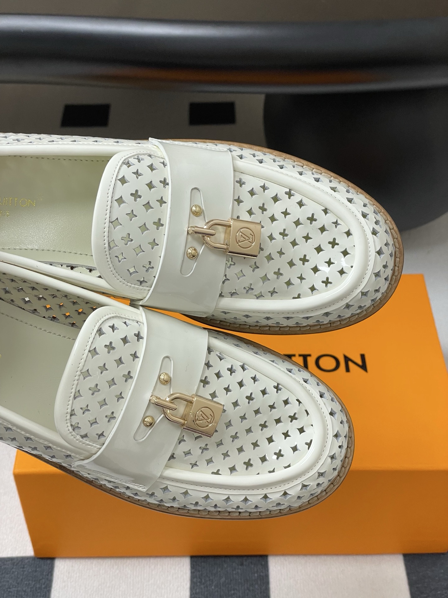 Louis Vuitton Chess Flat Loafer White Monogram Embroidered with Gold Padlock 1AGXRV