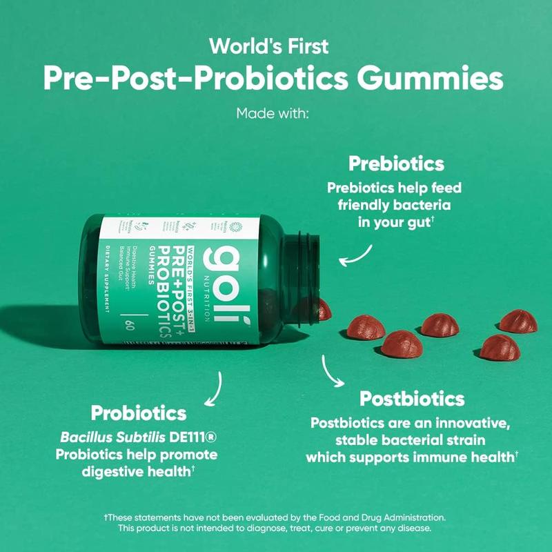 Goli Pre, Post, Probiotics Gummy - World's First 3-in-1 Gluten-Free, Vegan, Non-GMO, and Gelatin-Free.