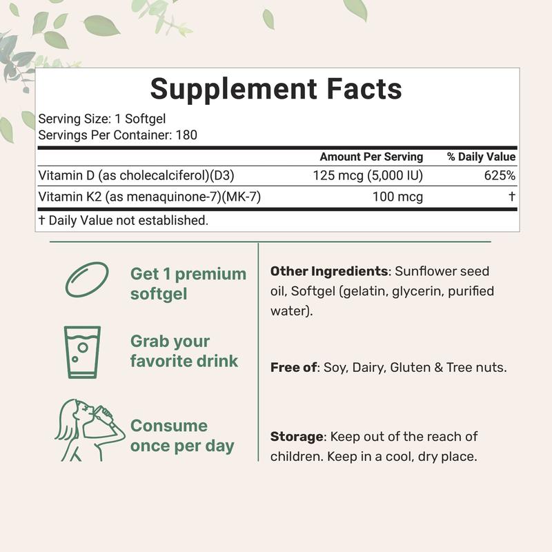 Micro Ingredients Vitamin D3 K2 5000IU Softgels | Infused with Sunflower Seed Oil, Vitamin K2 MK7 + Vitamin D Supplement, Non-GMO, No Gluten