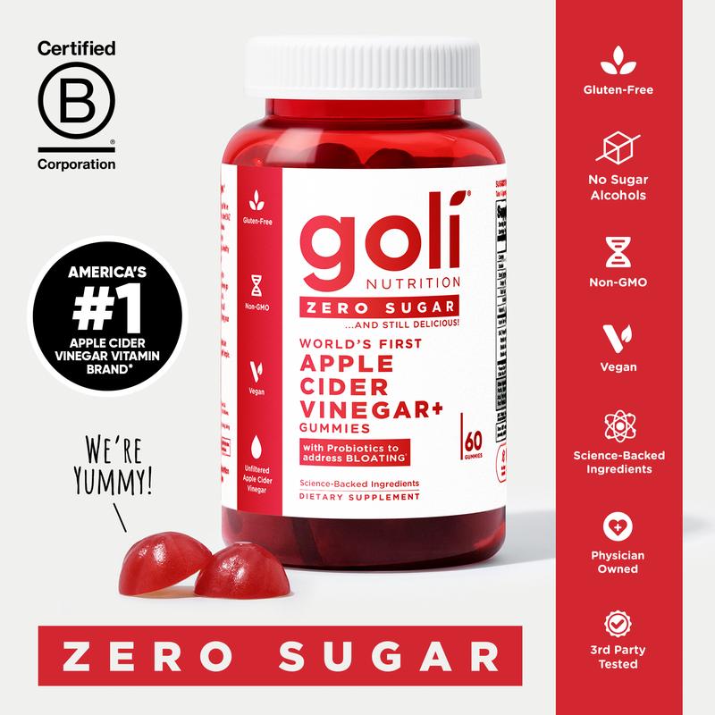 Goli Zero Sugar World's First Apple Cider Vinegar Gummies - Vitamin B12, Probiotics to Address Bloating. Vegan, Plant Based, Non-GMO, Gluten-Free & Gelatin-Free