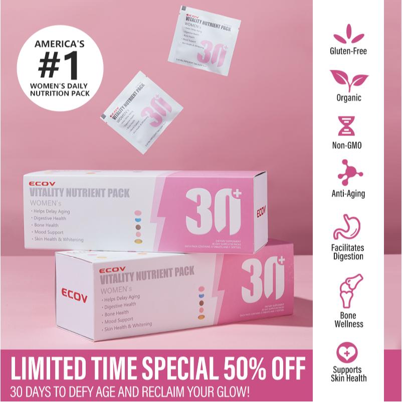 ECOV Vitality Nutrient Pack Mujeres 30+ | 15 en 1 Multivitamínico con Niacinamida, Vitamina C, Complejo B y NAD+ | Energía, Piel e Inmunidad | Orgánico, sin Gluten ni OGM | Antienvejecimiento, Digestión, Huesos y Salud de la Piel - Fitness