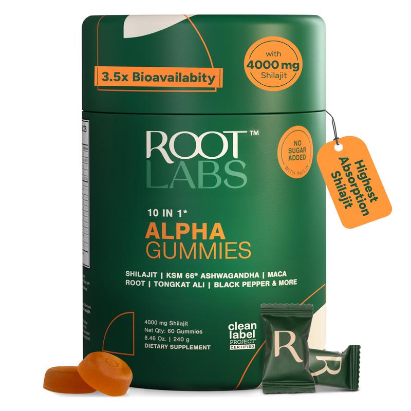 Root Labs Alpha Shilajit Gummies 4000 mg | Energy, Stamina & Focus | Zero Sugar | KSM-66 Ashwagandha, Tongkat Ali, Maca Root | 60 Pack