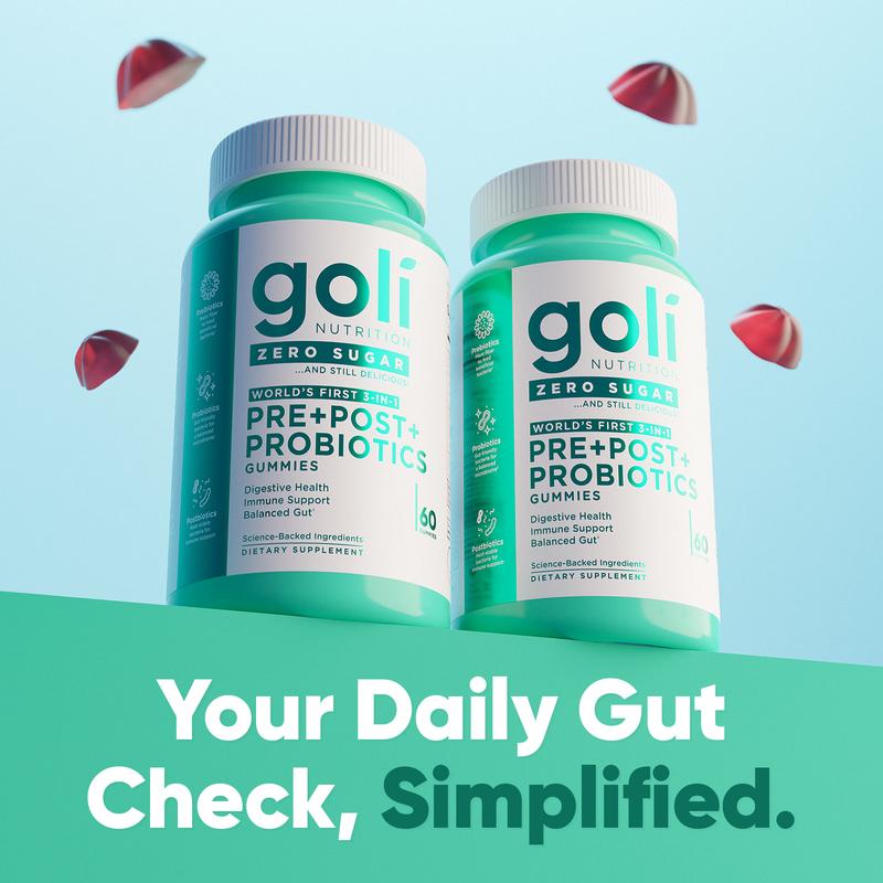Goli Zero Sugar World's First 3-in-1 Pre, Post, Probiotic Gummies - Gluten Free, Vegan, Non-GMO, & Gelatin-Free.