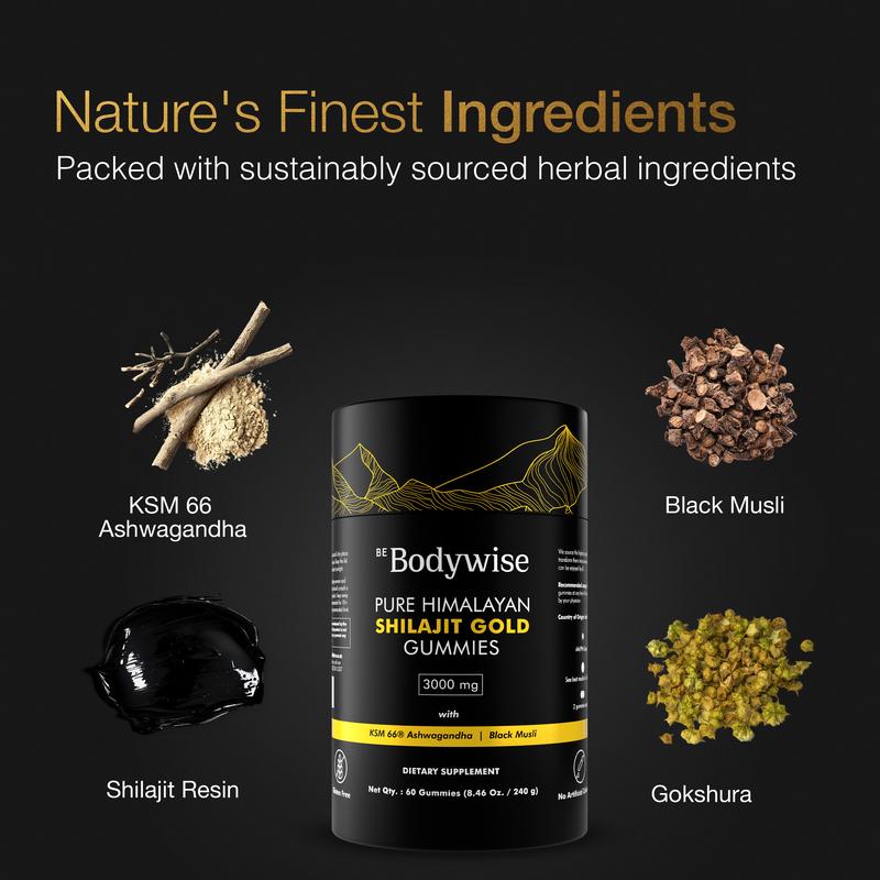 Be Bodywise by Root Labs Pure Himalayan Shilajit Gummies | 3000mg with KSM-66 Ashwagandha, Gokshura, Fulvic Acid & 85+ Trace Minerals | No Added Sugar | Non-GMO | For Men & Women | 60 Vegan Gummies | Natural Strength, Focus & Stamina Support